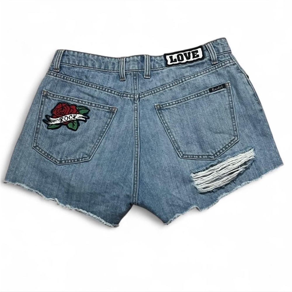 Urban Outfitters Bardot Blue Jean Button fly Shorts with Embroidered Rose Sz 30